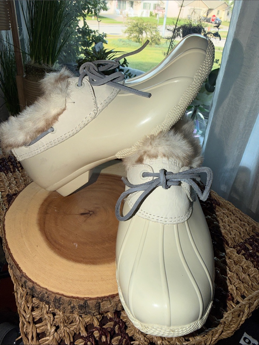 Sperry Cream Fur-Trim Waterproof Lace-Up Duck Boots